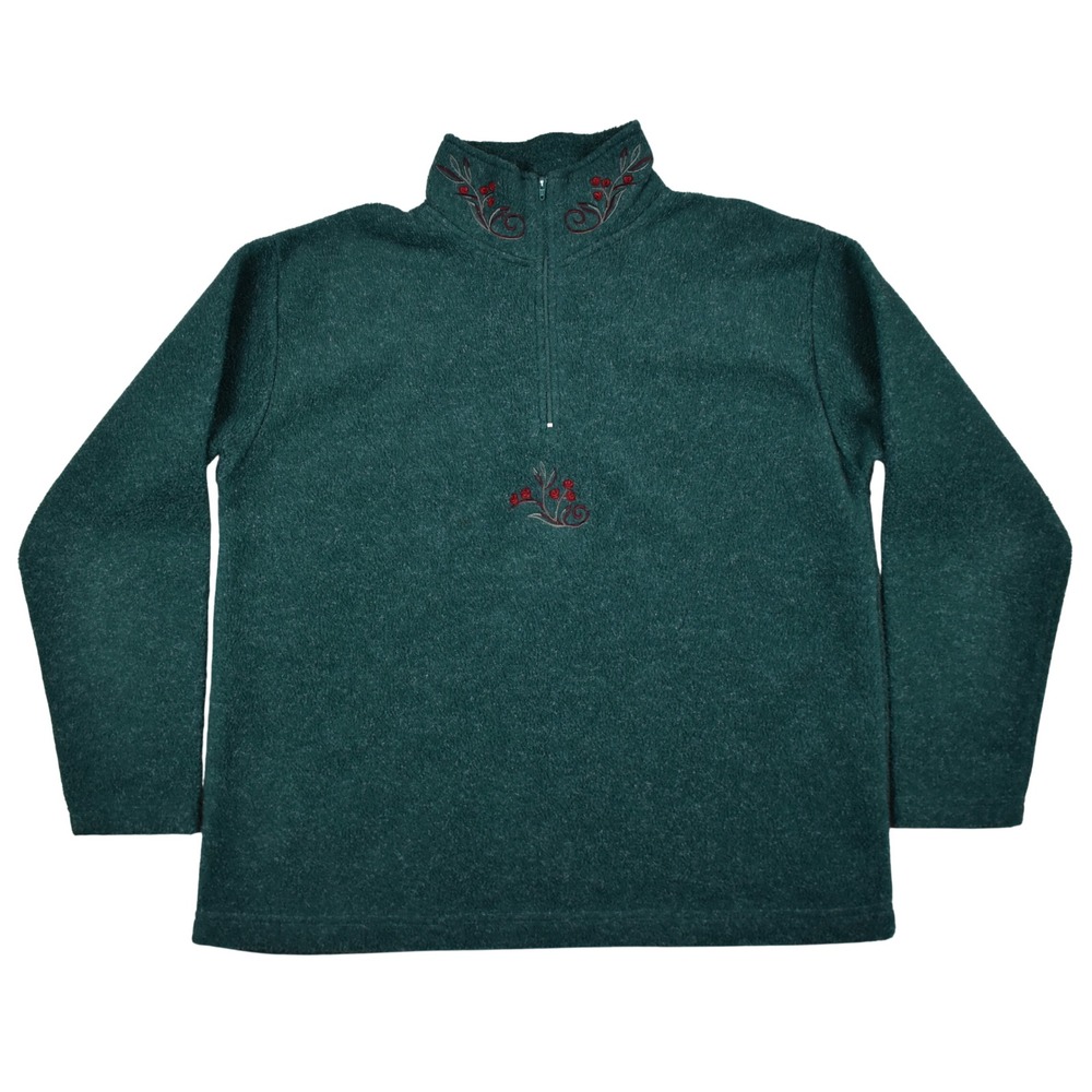 Floral Berry Embroidered 1/4 Zip Fleece Pullover Green Grannycore Sweatshirt S